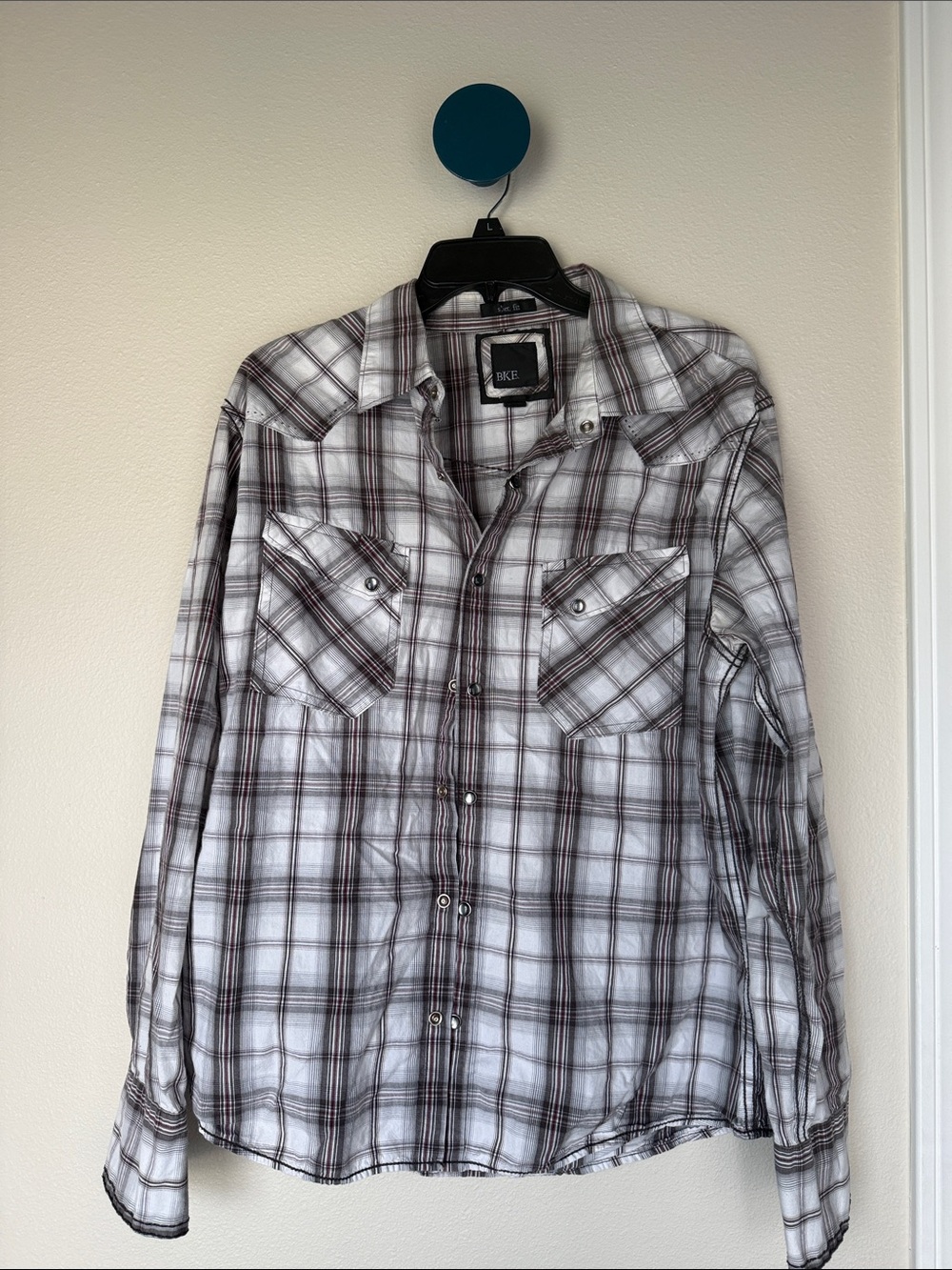 BKE White Plaid Shirt Jacket with Gray and Burgundy Lines